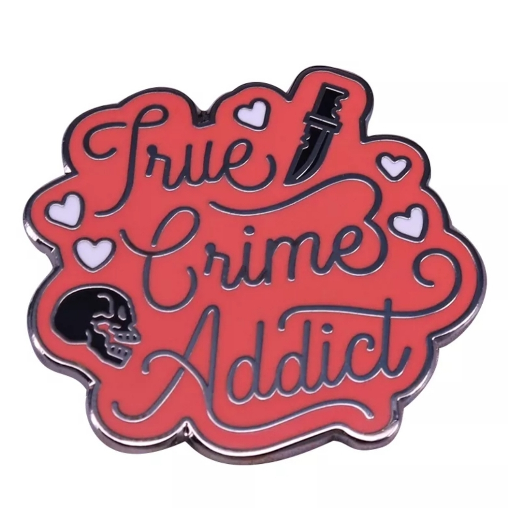 True Crime Addict Red Enamel Pin Skull Knife Hearts Gothic